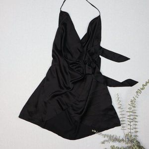 PLT black satin halterneck wrap bodycon dress